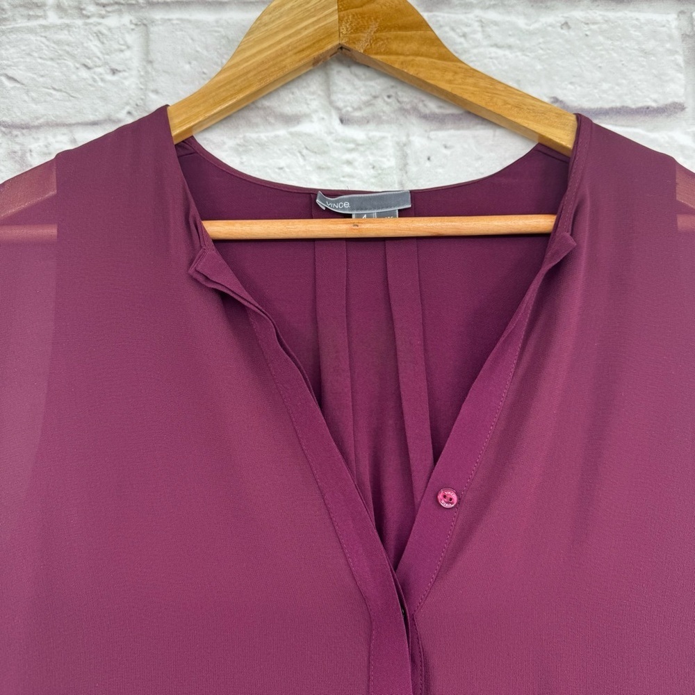Vince Silk Blend Sheer Long Sleeve Burgundy Shift Dress Tunic Size 4 - Picture 3 of 16